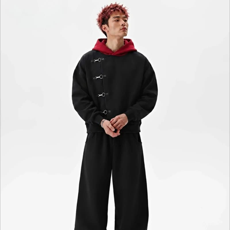 Y2K Retro Preto E Vermelho Emendado Lace Up Botão Metal Moda Minimalista Jaqueta Street Wear