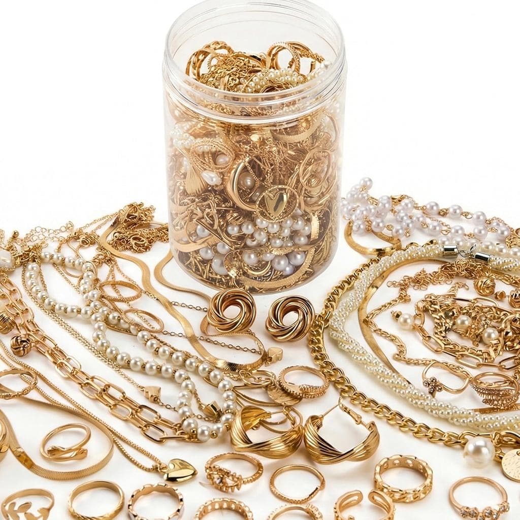 Mystery Jewelry Jar - 54 PCS Vintage Mystery Jewelry Jar Gold, Surprise Necklaces Bracelets Earrings Rings Box Set, Fash