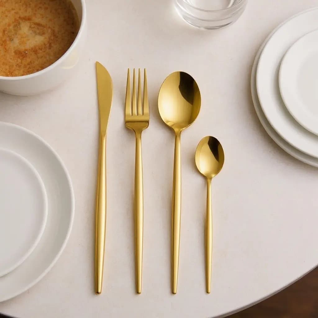 Conjunto Faqueiro Dourado 24 Peças Luxo Talheres Facas Garfos Colheres Jantar Restaurante
