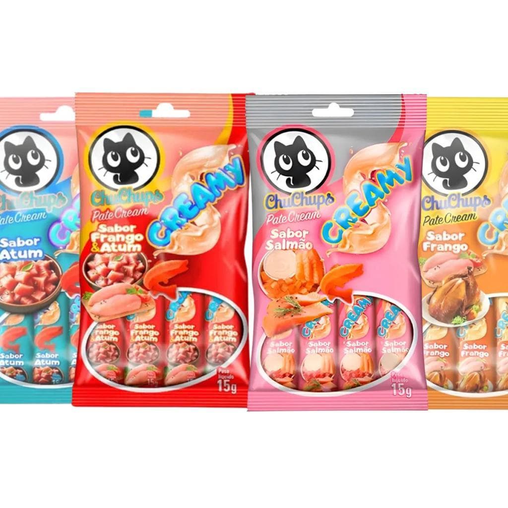 Petiscos Cremosos Gatos em Sachê ChupChups Vários Sabores 60g (4Un/15g)