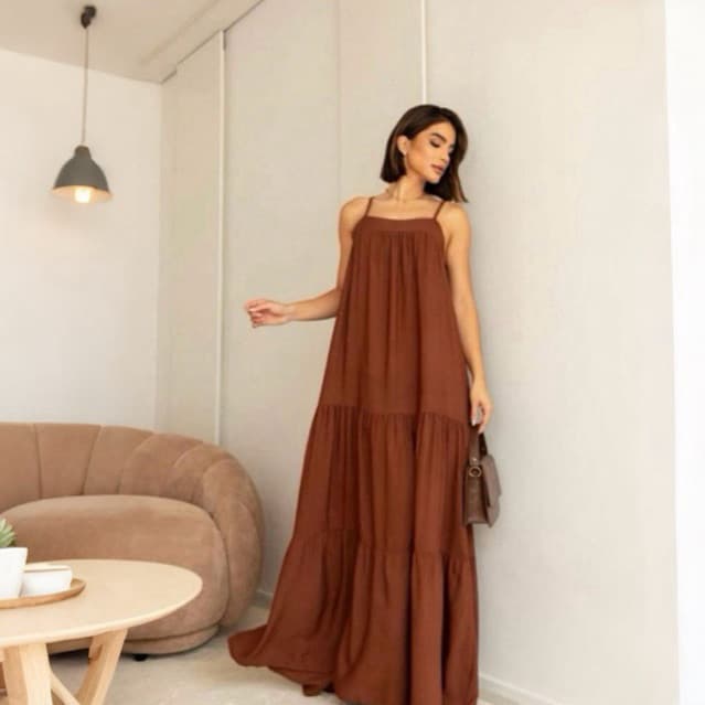 Vestido longo feminino, alça fina, soltinho, babados, boho chic, verão, casual elegante, passeio, festa dia, dia-a-dia