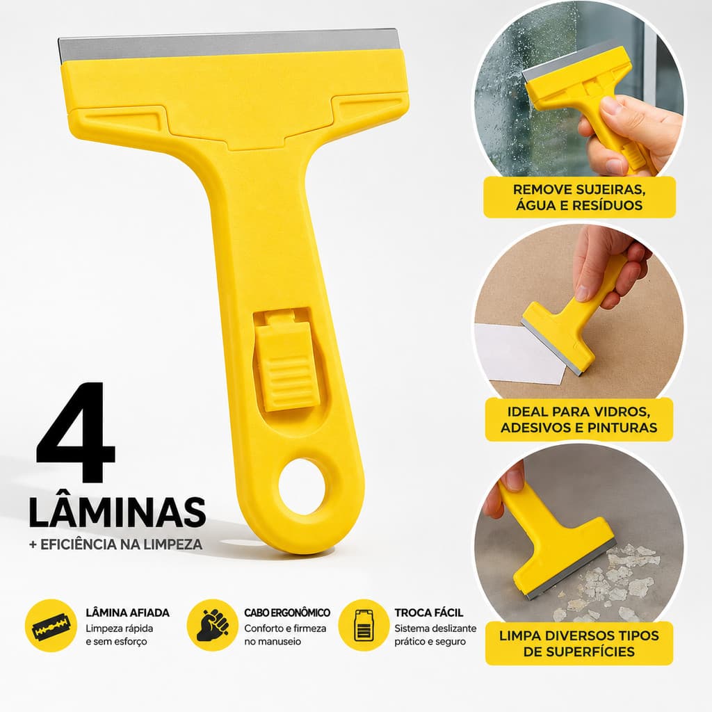 Raspador Vidro Multiuso Com 4 Lâminas Profissional Remove Cola Tinta Adesivo Piso