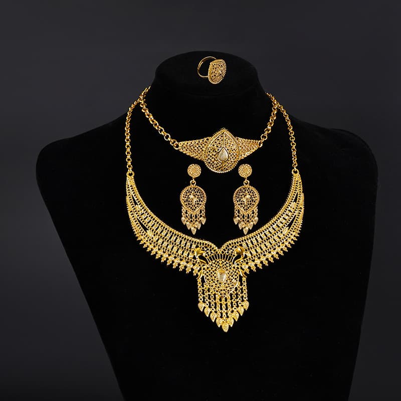 Conjunto De Colar Banhado A Ouro 24K Para Mulheres Joias De Casamento De 4 Peças Banquete De Noiva Do Oriente Médio Afri