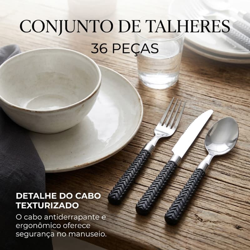 Jogo Talheres 36 Peças Garfo Colher Faca Cabo Preto Aço Inox ABC kit talheres conjunto de talheres