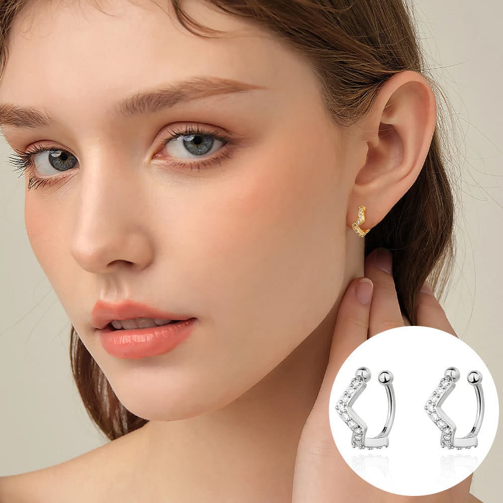 Piercing Fake Delicado Folheado Femininos Zig-Zag Zircônia Cravejada Luxo Brinco Elegante Antialérgico