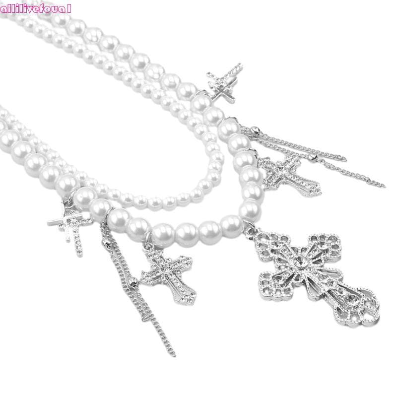 allilivefoua1 Elegante Colar Charme Clavicular Corrente E Espiritual Cruzes Pingente Empilhável Pérola