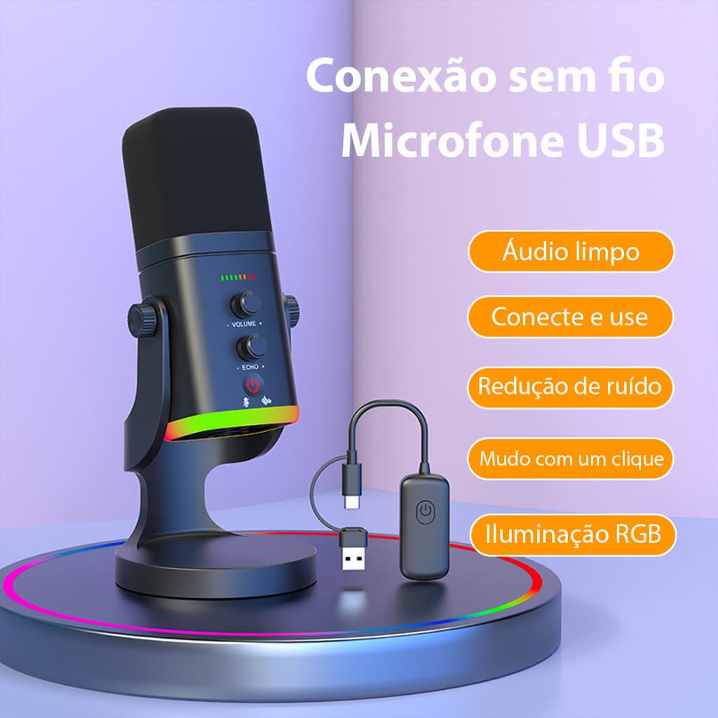 Microfone Gamer Sem Fio Dinâmico Ampligame Led Rgb Preto Fire Phoenix Bk-am8 Pro