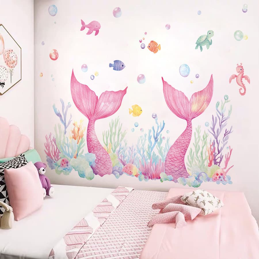 Adesivos de parede dos desenhos animados mundo subaquático adesivos de parede rosa sereia cauda auto-adesivo de