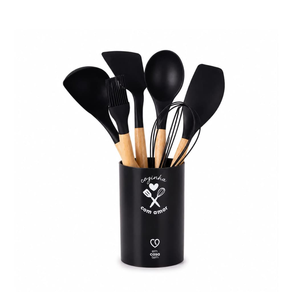Jogo 7 Peças Utensílios Silicone Preto Cabo Madeira