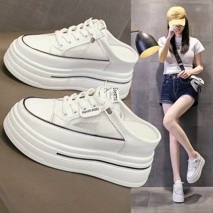 Verão novo estilo de um Pedal malha de sola grossa pão Toe chinelos feminino exterior Wear aumentado 8CM sem salto meio