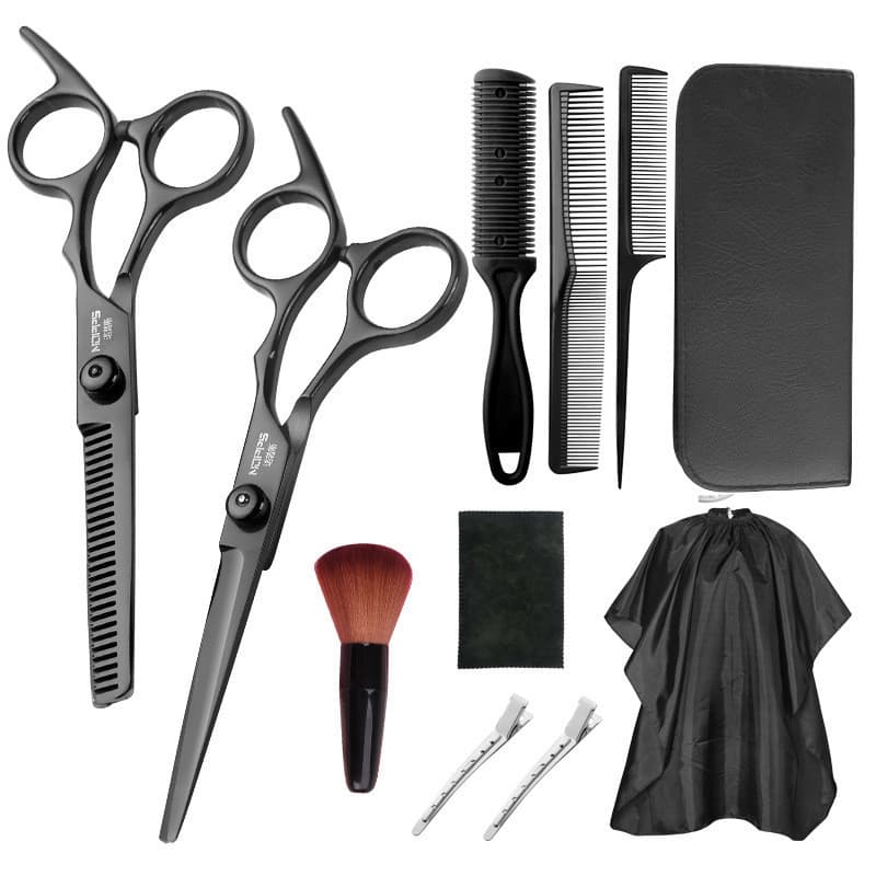 Preto corte de cabelo cabeleireiro tesoura de corte de cabelo conjunto ferramenta dentes planos tesoura desbaste corte d