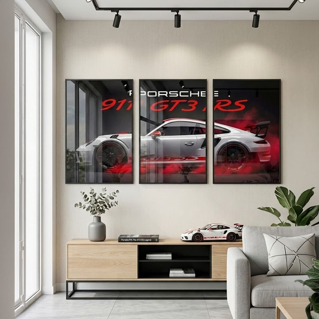 Kit 3 Quadros Decorativos GTR Porsche Lamborghini Carros Esportivos Sala de Estar Quarto Escritório Decoração de Parede