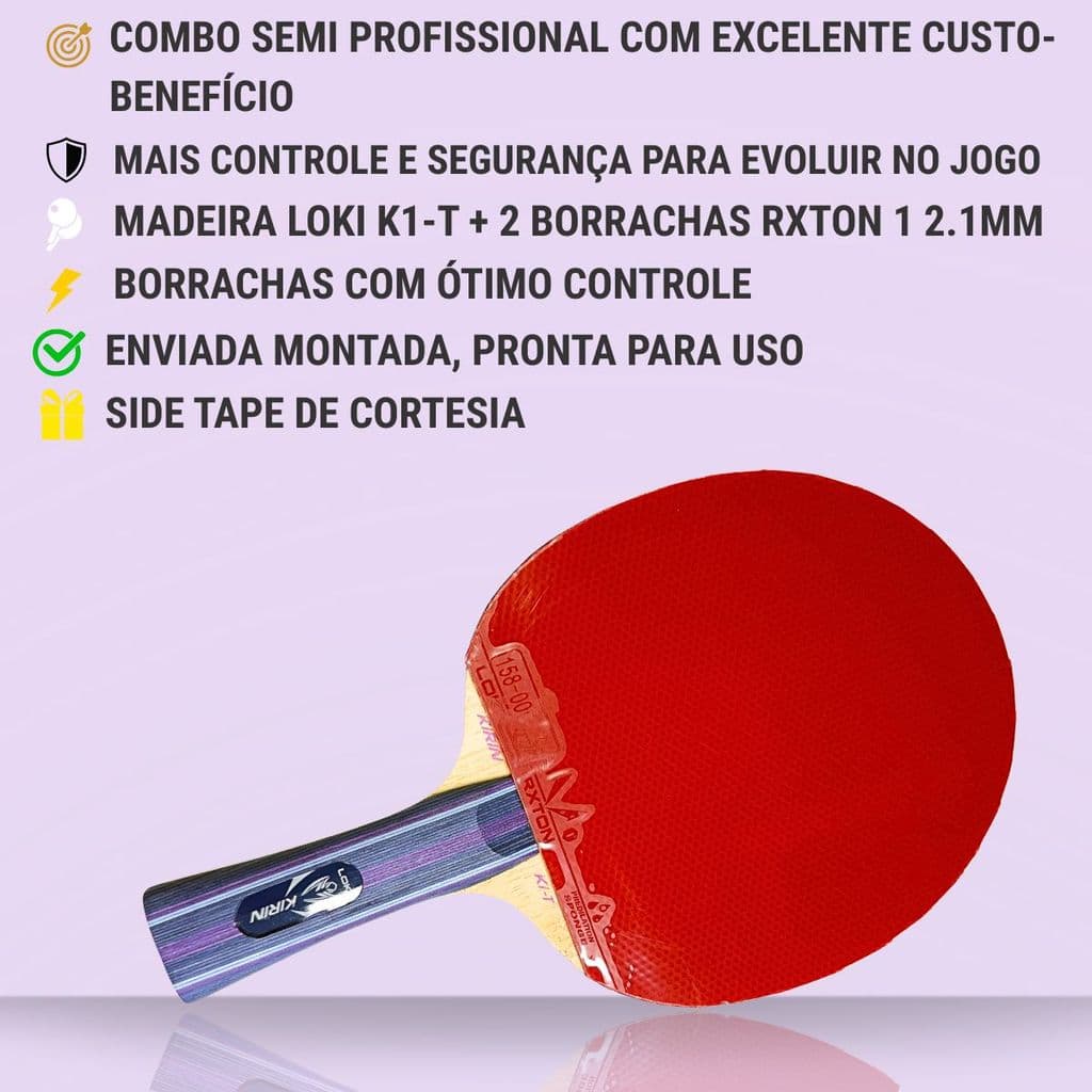 RAQUETE CLÁSSICA KIRIN K1-T + RXTON 1 TÊNIS MESA PING PONG