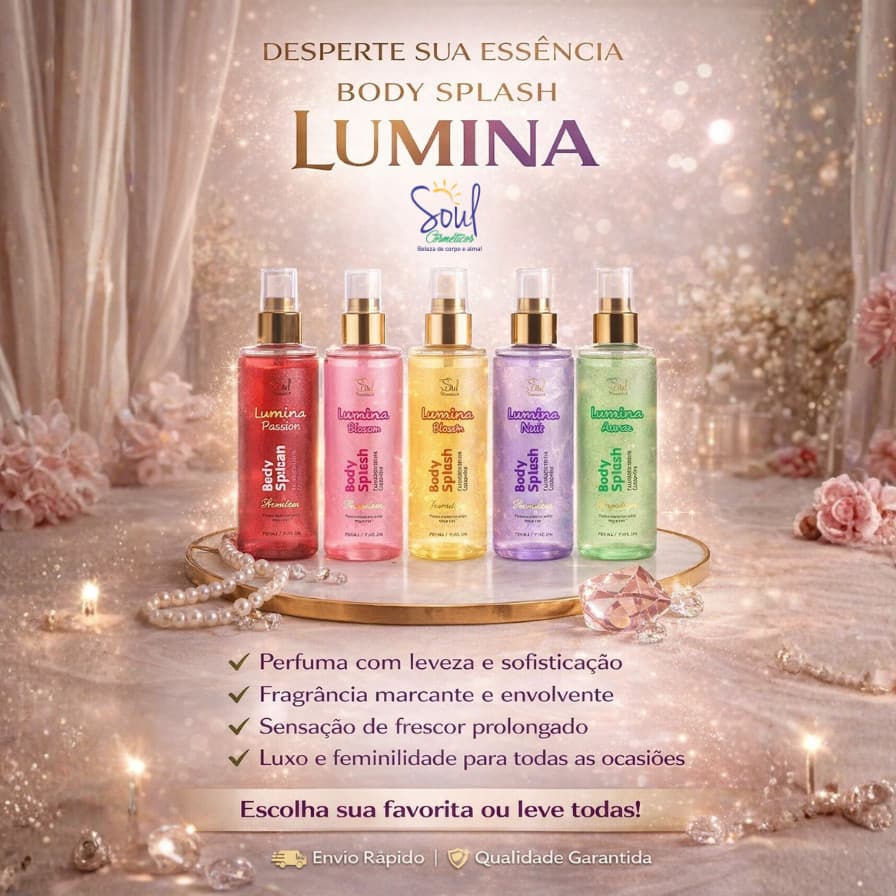 Body Splash Lumina Shimmer - Soul Cosméticos - Passion, Blush, Aura, Noir e Sold - 200 ml