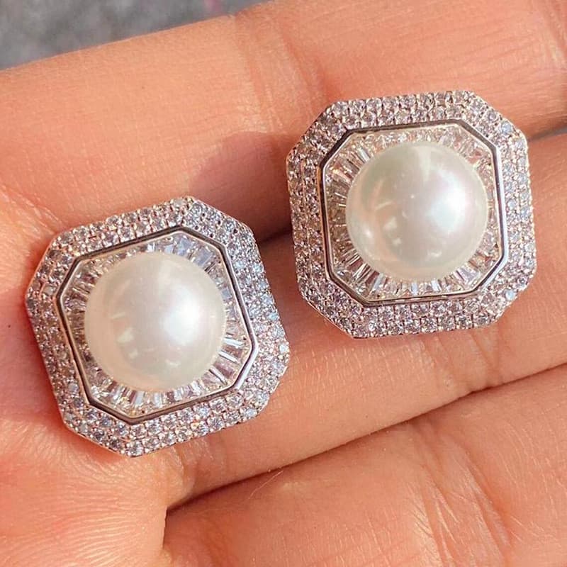 Brincos de pérola de imitação de zircônia incrustada, Design poligonal, brincos de moda, joias clássicas elegantes de al