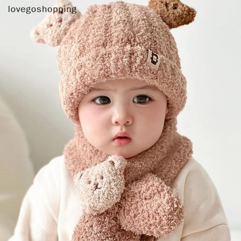 [lovego] 1/2 peças Bonito Conjunto de Gorro e Cachecol de Inverno para Bebê, Gorro de Pelúcia Quente com Proteção para a