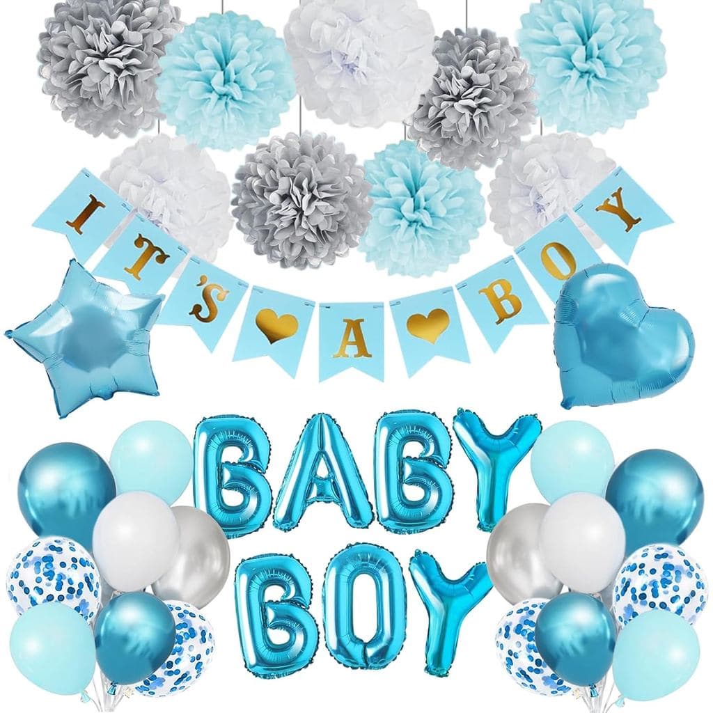 Decorações para Chá de Bebê com Faixa "É Menino", Balões Metálicos Azul, Cinza e Branco com Letras "Baby Boy", Pompons d