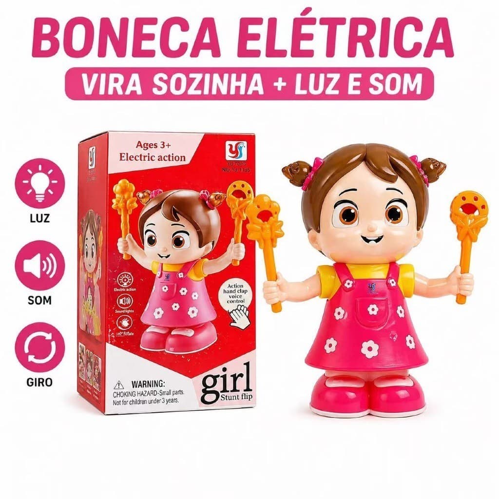 Brinquedo Boneca Elétrica Vira Sozinha Com Luz Som  Interativo Menina Presente Criança