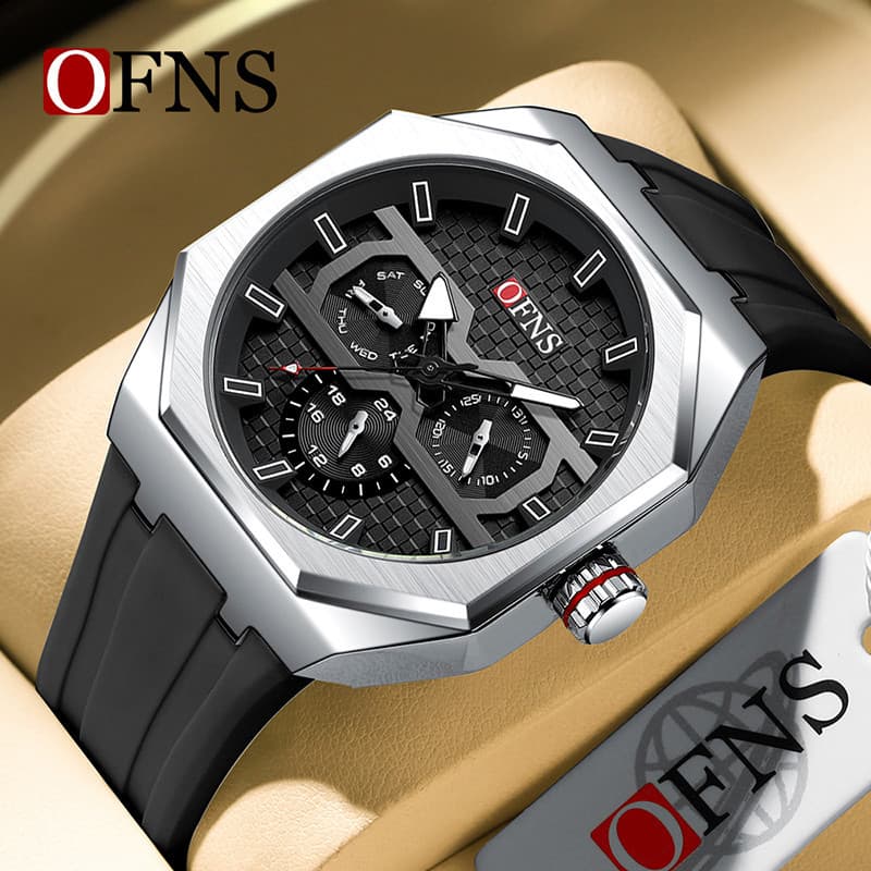 OFNS Relógio de quartzo impermeável multifuncional simples de cor sólida, Design personalizado masculino NS8023-11