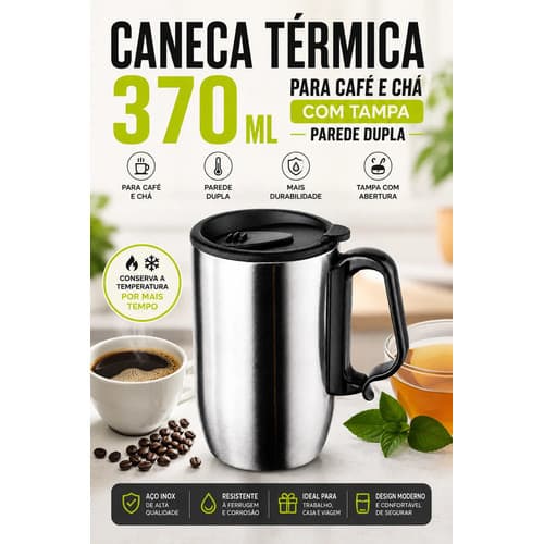 Caneca Térmica Inox 370ml com Tampa Parede Dupla para Café Chá Quente Frio Premium Portátil