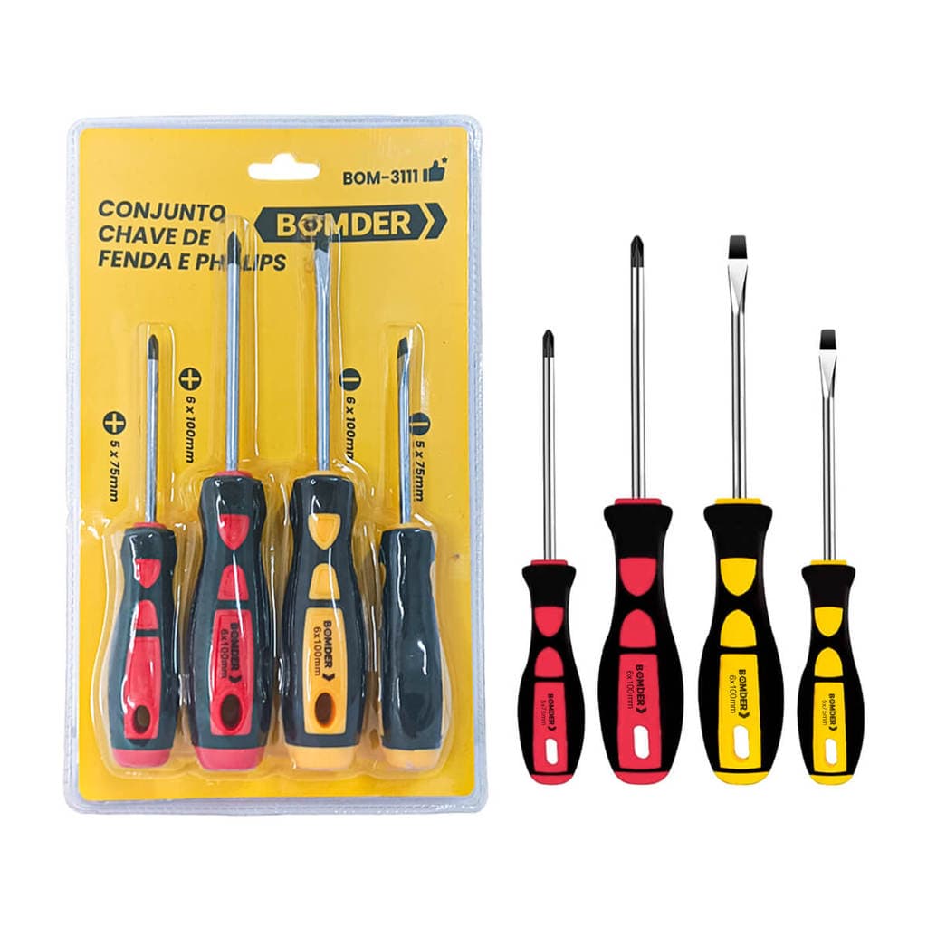 Kit de Chave de Fenda e Phillips [4 Peças] Bomder Chaves Philips Imantadas Jogo Aço Pontas Magnéticas Profissional