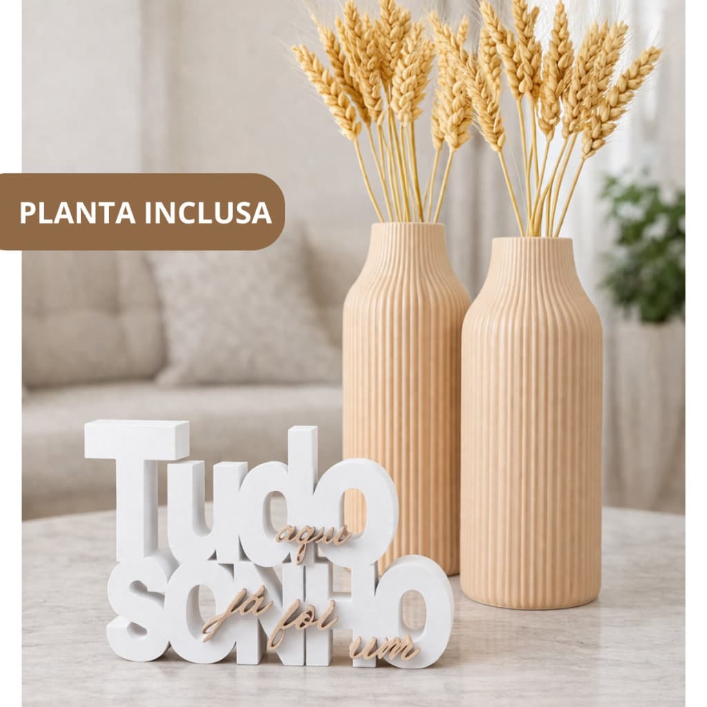 Kit Decorativo Tudo Aqui Já Foi Um Sonho + 2 Vasos com Hastes de Trigo – Decoração Fé Luxo