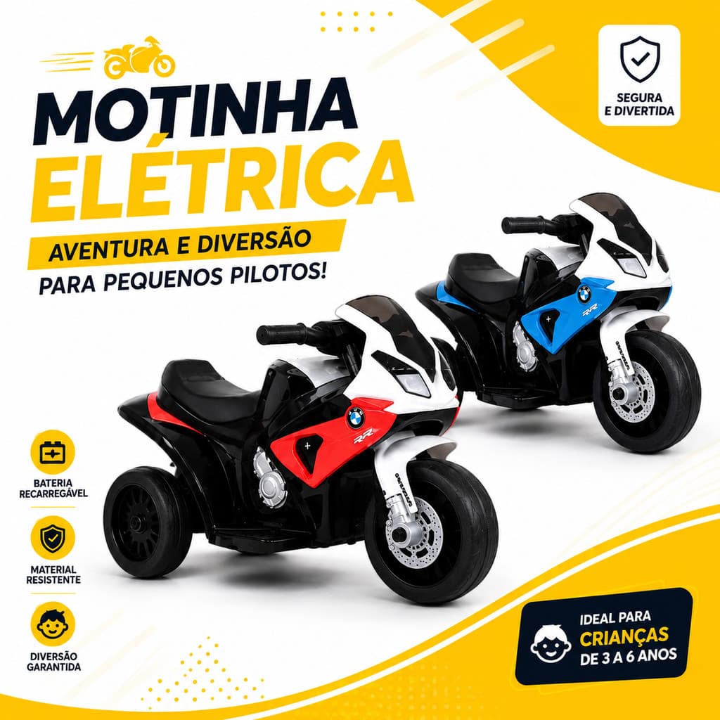 Motinha Elétrica Infantil Moto 3 Rodas Recarregável para Crianças 3 a 6 Anos