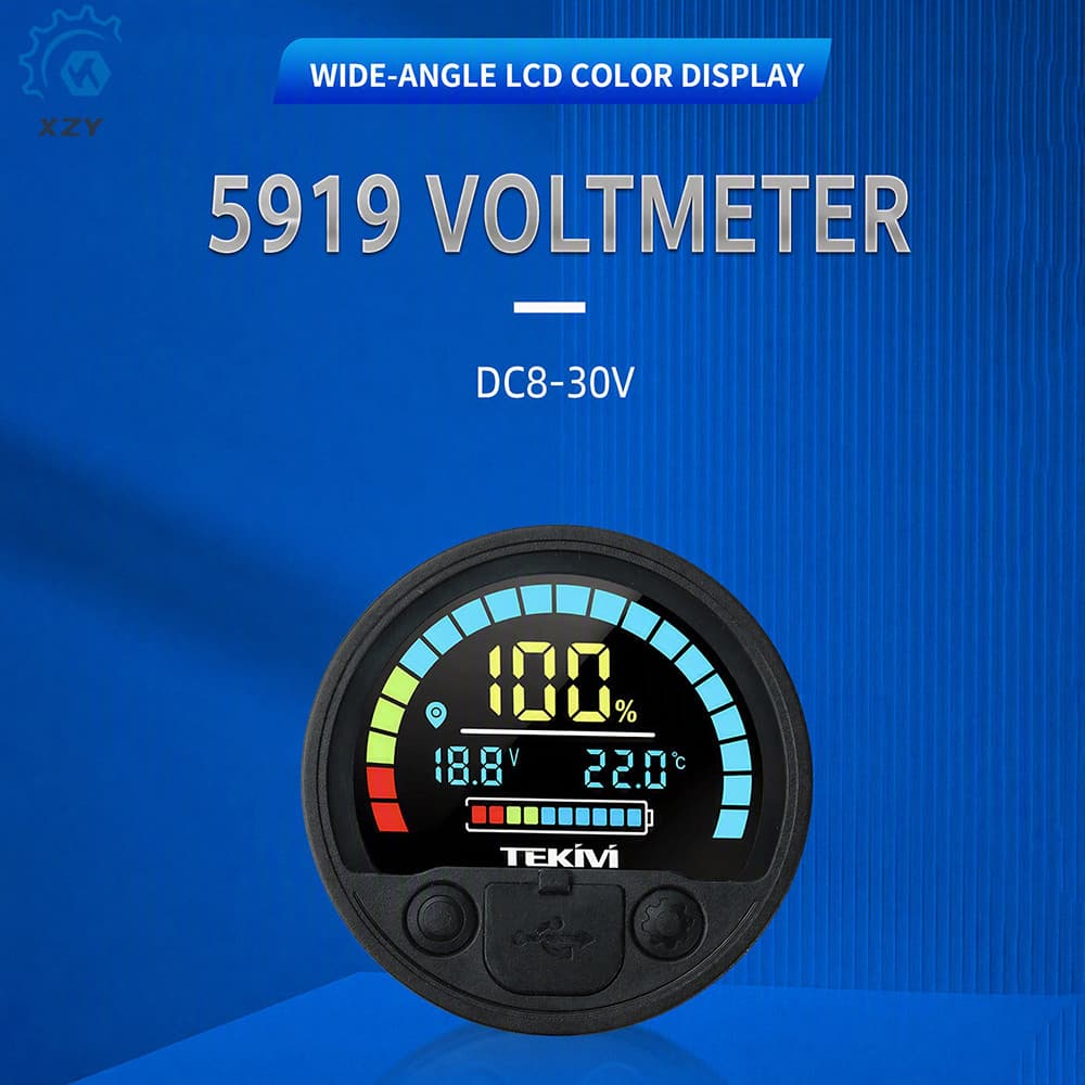 5919 DC8-30V USB + Tipo C LCD Digital Rodada Tensão E Indicador De Energia Com Sensor De Temperatura Embutido