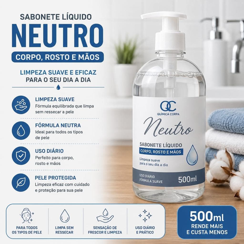 Sabonete Líquido Neutro Química Certa 500ml para Corpo, Rosto e Mãos - fragrância suave