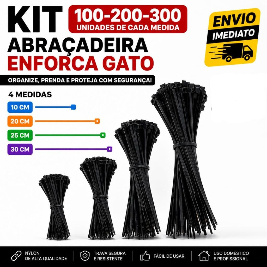 Kit 100/200/300 Abraçadeira de Nylon Enforca Gato Plásticas 10cm - 20cm - 25cm - 30cm - Preta