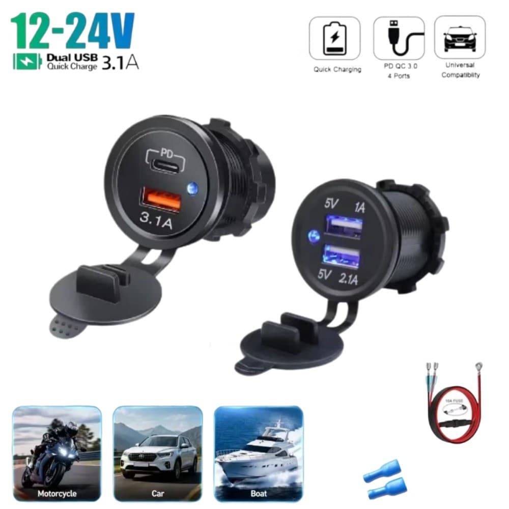 Tomada Para Carregador De Carro PD QC3.0 USB Voltímetro LED Interruptor Independente À Prova D'água 12V 24V Adequado Mot