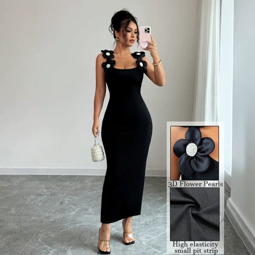 Estoque pronto Envio rápido 2026 Verão feminino tridimensional pérola alça de ombro pescoço quadrado preto Slim fit vest