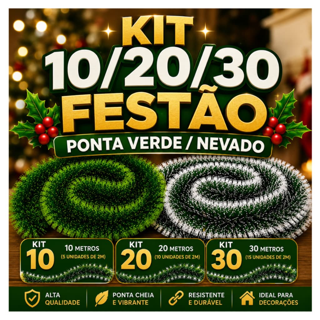 Kit 10/20/30 Metros Festão de Natal Ponta Verde/Nevado 2M x 9CM – Decoração Natalina para Árvore, Porta, Escada e Mesa