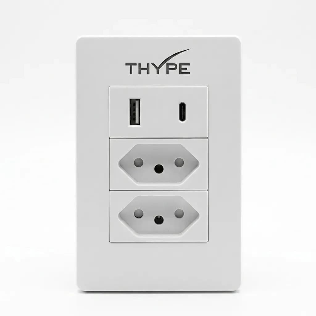 Tomada Parede Dupla Com Espelho Usb E Tipo C Anti-chamas Thype Branco