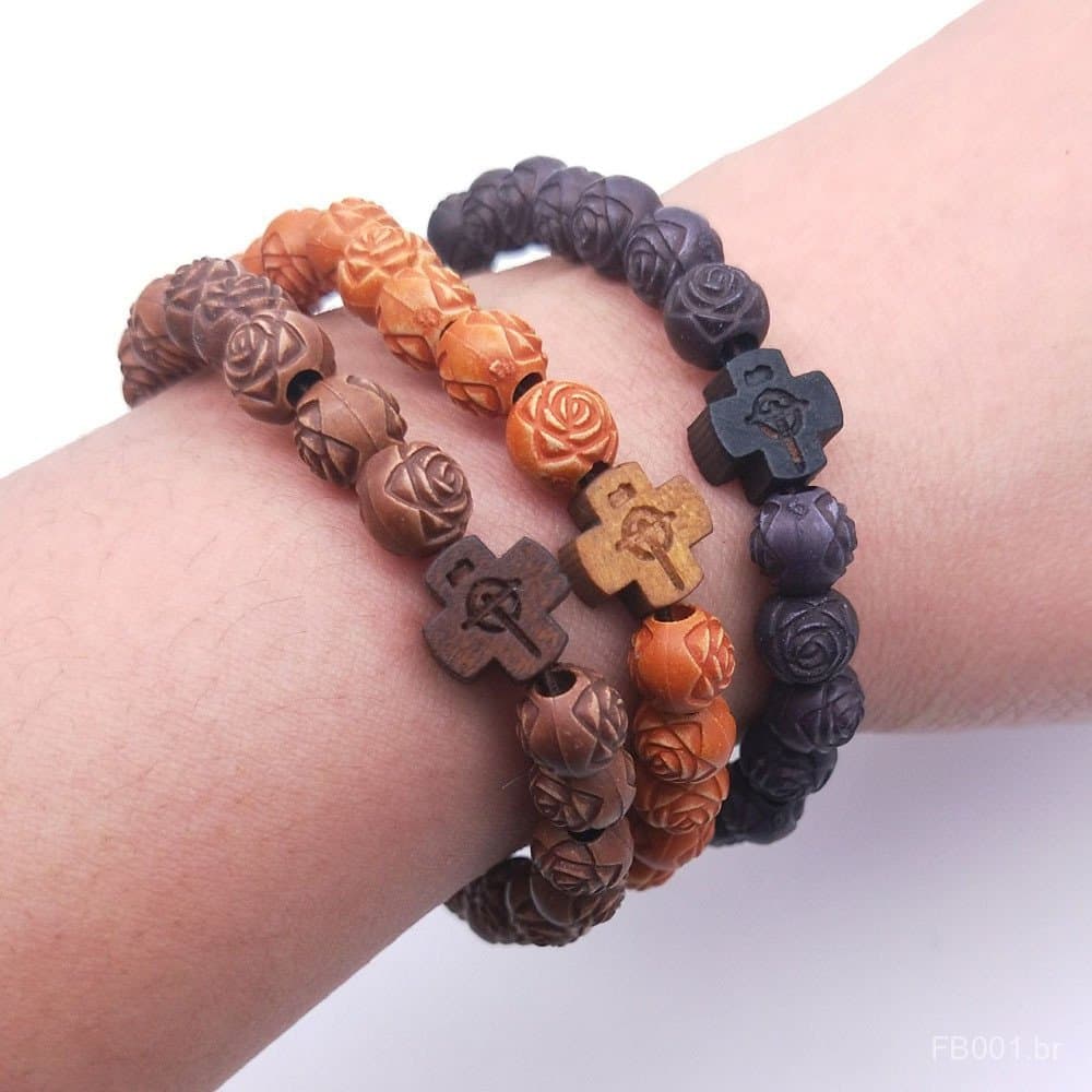 Pulseira de Rosário com Contas de Madeira, Pulseira de Contas de Imitação de Rosa OBDG