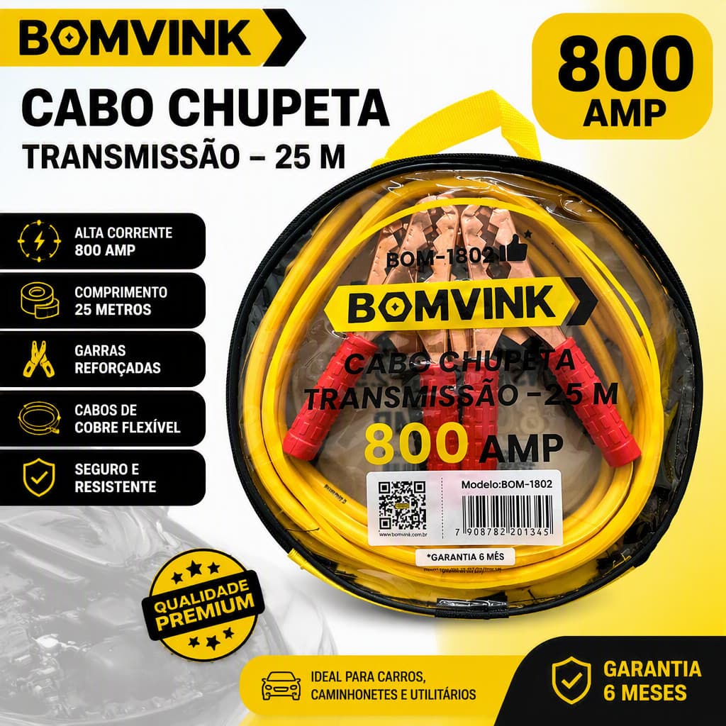Cabo Chupeta 800A 2,5 Metros Cabo Auxiliar Partida para Bateria de Carro, com Bolsa de Armazenamento