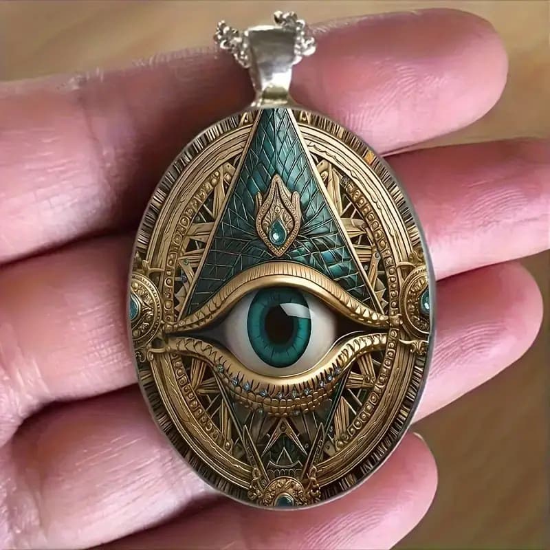 Colar com pingente de padrão de olho da moda - liga banhada a prata e mosaico de vidro elegante Design de amuleto Oval