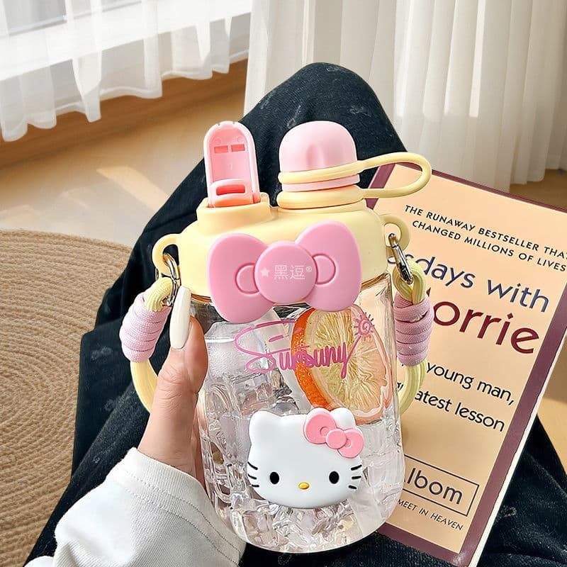 Hellokitty copo de água verão duplo bebendo menina copo de plástico portátil de alto valor com palha estudante prático c