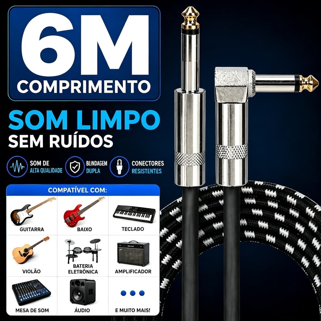 Cabo P10 3M Profissional Blindado para Guitarra Violão Baixo Teclado Bateria Eletrônica Amplificador Mesa de Som 90°