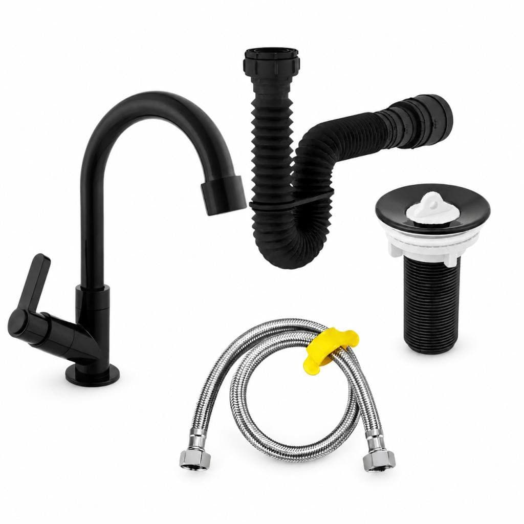Kit 4 Peças Banheiro Torneira Lavatório Preto + Sifão + Válvula + Engate Inox Metrix