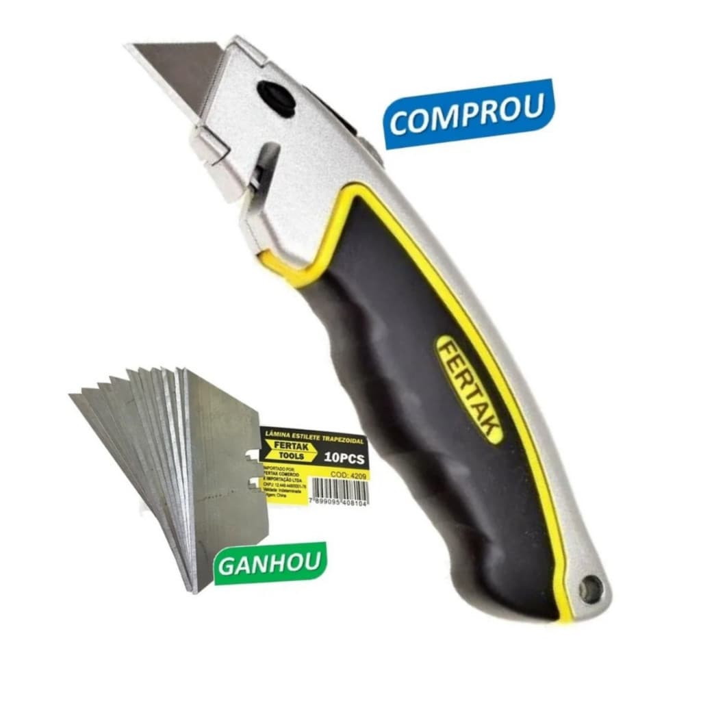 Estilete Trapezoidal Profissional Com 5 Lâminas + 10 Lâminas - Fertak