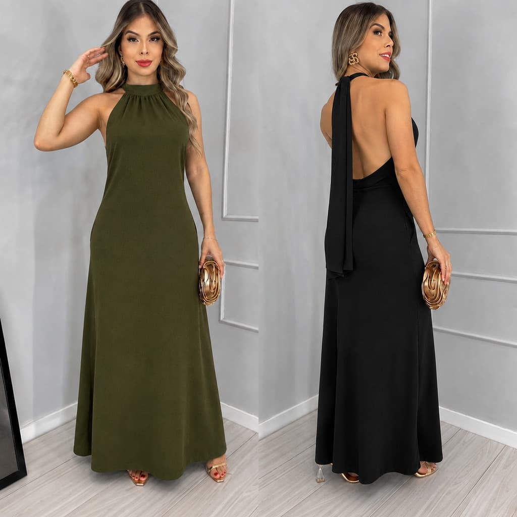 Vestido Feminino Longo Elegante Moda Evangélica Festa Social Casual Para Festas Casamentos Formaturas Duna Gola Alta -