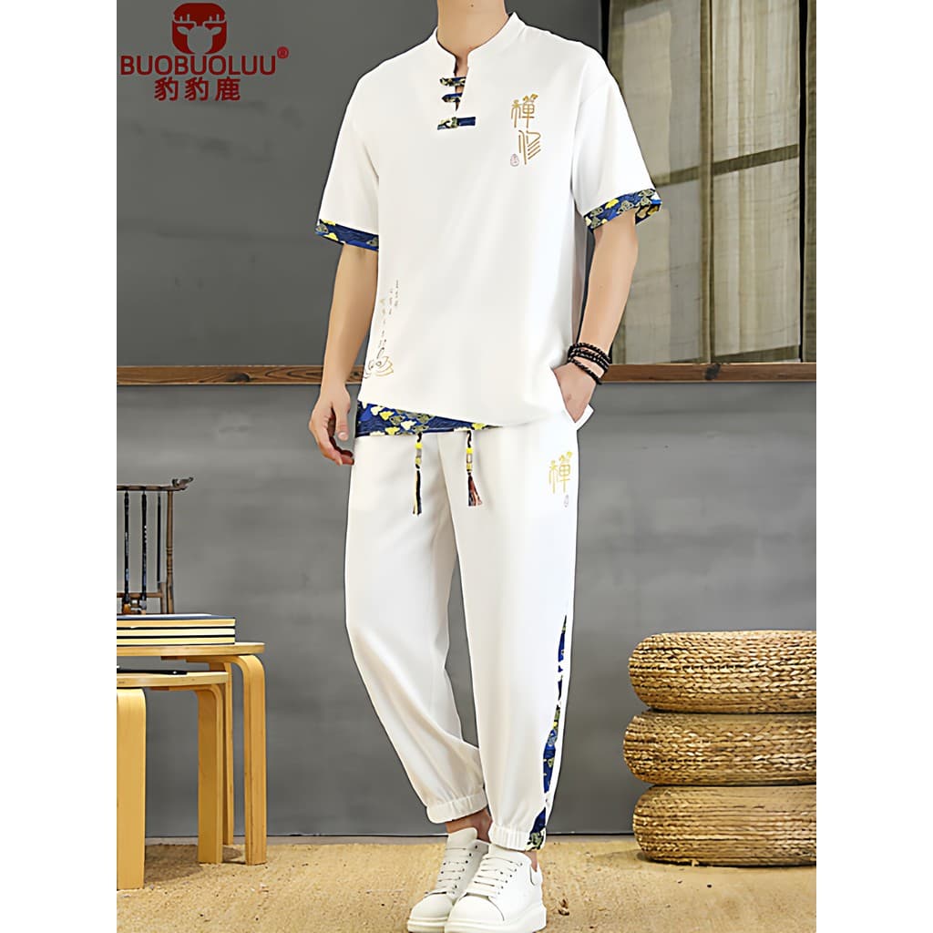 Verão fino masculino terno de seda gelo de manga curta tornozelo comprimento calças estilo chinês Hanfu solto Tang terno
