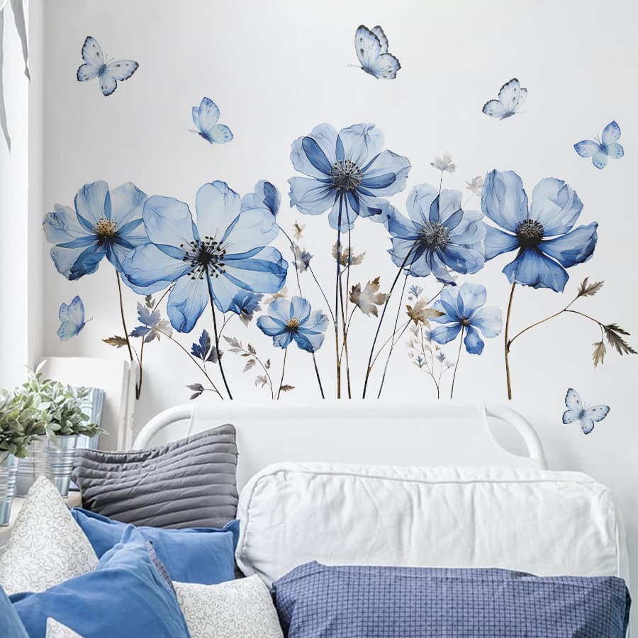 Adesivos de parede azul borboleta flor arbusto auto-adesivo adesivos de parede quarto sala estar quarto adesivos decorat
