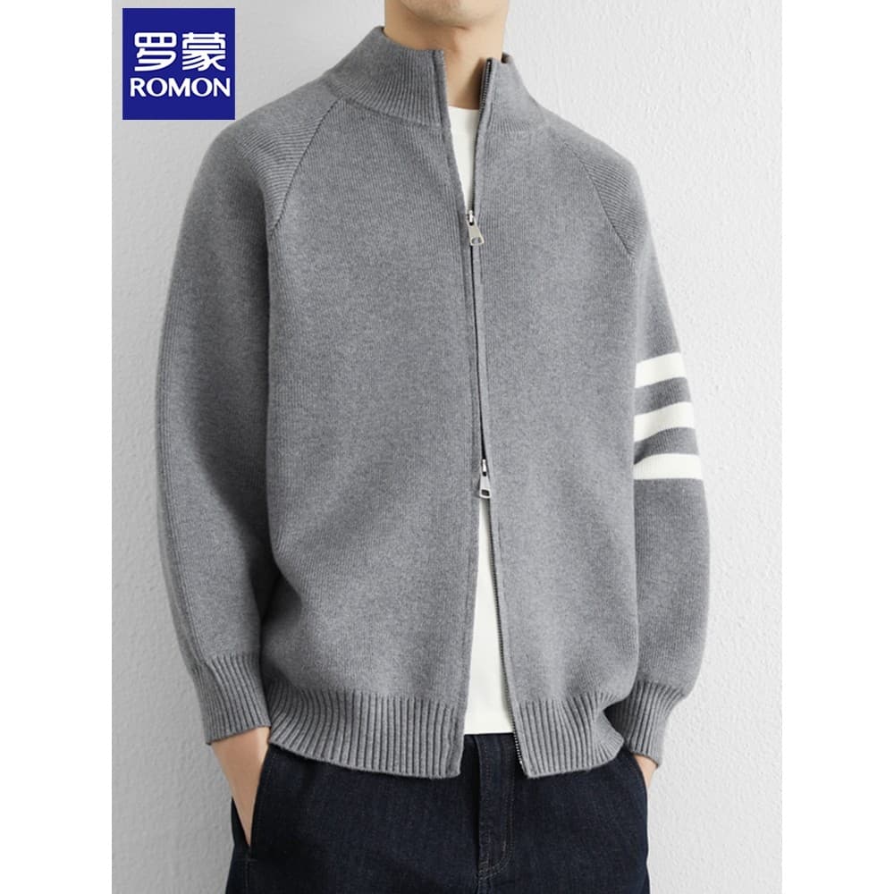 Lomon 2025 primavera outono novo estilo listrado camisola jaqueta masculina meia gola alta zíper malha Cardigan camisola