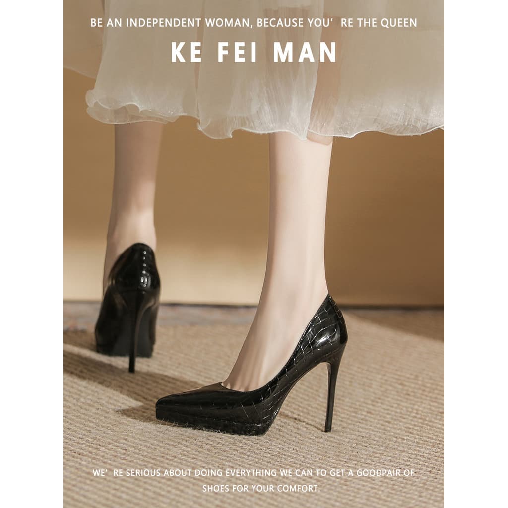 [Kefiman] Plataforma impermeável de salto alto feminino estilo francês estilete pontiagudo sapatos de salto Super alto 1
