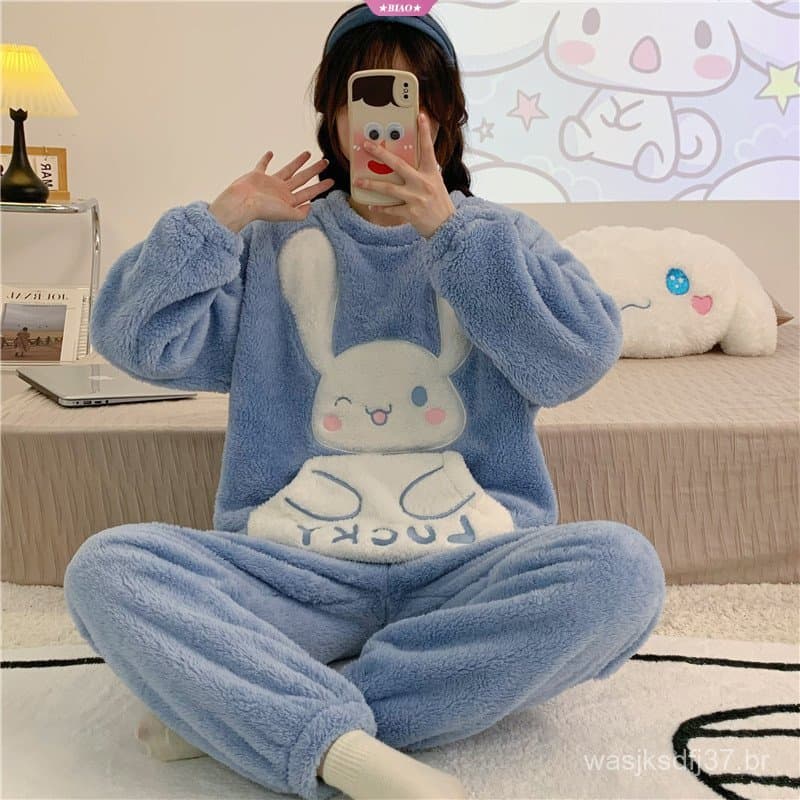 Sanrio  Kuromi My Melody Cinnamoroll Estilo Coreano Feminino Flanela Forrado De Lã Engrossado Pijamas Conjunt