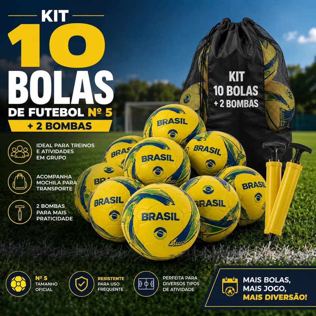 Kit 10 Bolas de Futebol Nº 5 Brasil Campo Treino Escolinha + 2 Bombas de Ar Manual com Bico