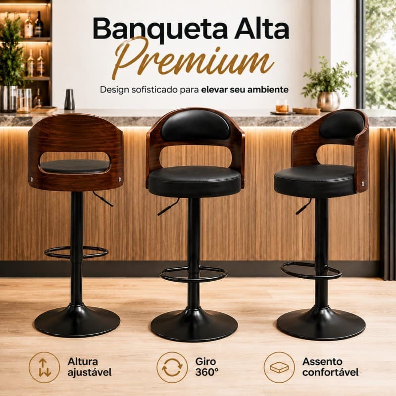 Banqueta Alta Giratória Regulável Altura Encosto Madeira Curvada para Balcão, Bar e Cozinha Americana Residencial