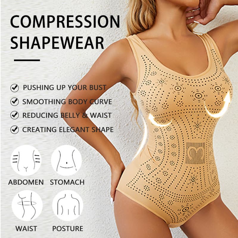 Body modelador sem costas com controle abdominal e fechos triangulares de pressão.